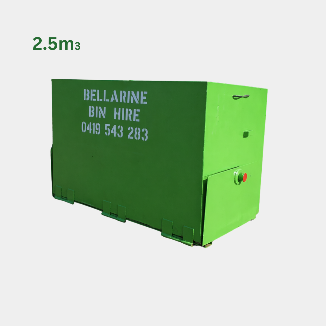 Green bin with 'Bellarine Bin Hire' text and contact number on a white background