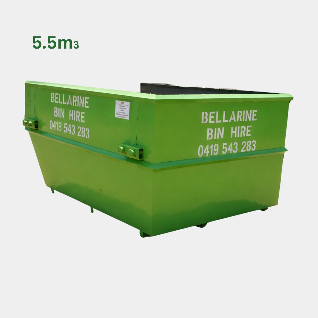 5.5m3 Green skip bin with 'Bellarine Bin Hire' branding on a white background
