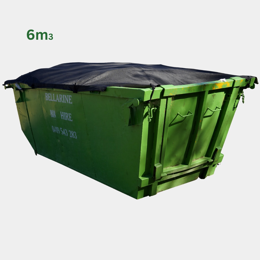 Green skip bin with a black lid on a white background, labeled '6m3' and 'Bellarine Hire'.