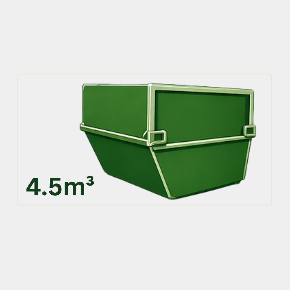 Green skip bin with a capacity of 4.5m³ on a light gray background